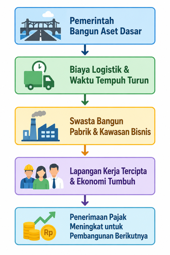 Infografis tiga tahap siklus kontribusi modal swasta terhadap pertumbuhan ekonomi dan peningkatan penerimaan pajak pembangunan.