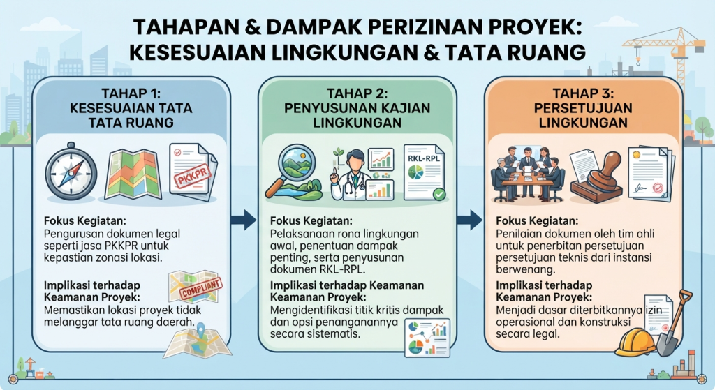 Infografis 3 tahapan perizinan proyek berdasarkan kesesuaian lingkungan dan tata ruang dalam sistem OSS-RBA: Tahap 1 Kesesuaian Tata Ruang, Tahap 2 Penyusunan Kajian Lingkungan, dan Tahap 3 Persetujuan Lingkungan.
