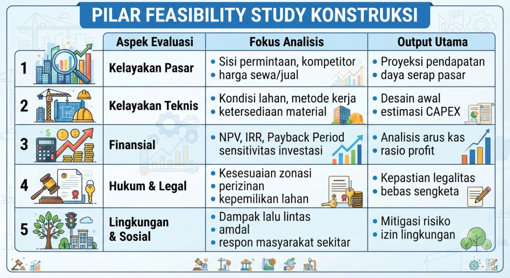 Tabel 5 Pilar Utama Feasibility Study Konstruksi yang terdiri dari tiga kolom: Aspek Evaluasi, Fokus Analisis, dan Output Utama.