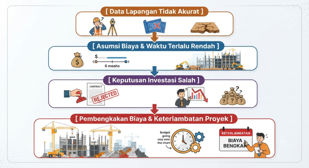 Infografis bagan alur yang menunjukkan dampak fatal data lapangan tidak akurat pada proyek konstruksi, mulai dari asumsi biaya yang terlalu rendah, keputusan investasi yang salah, hingga pembengkakan biaya dan keterlambatan proyek.