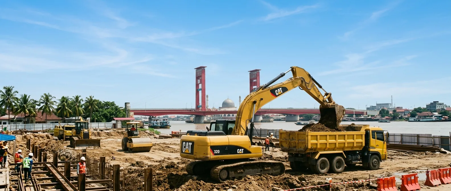 Proyek konstruksi di tepi Sungai Musi Palembang dengan latar Jembatan Ampera
