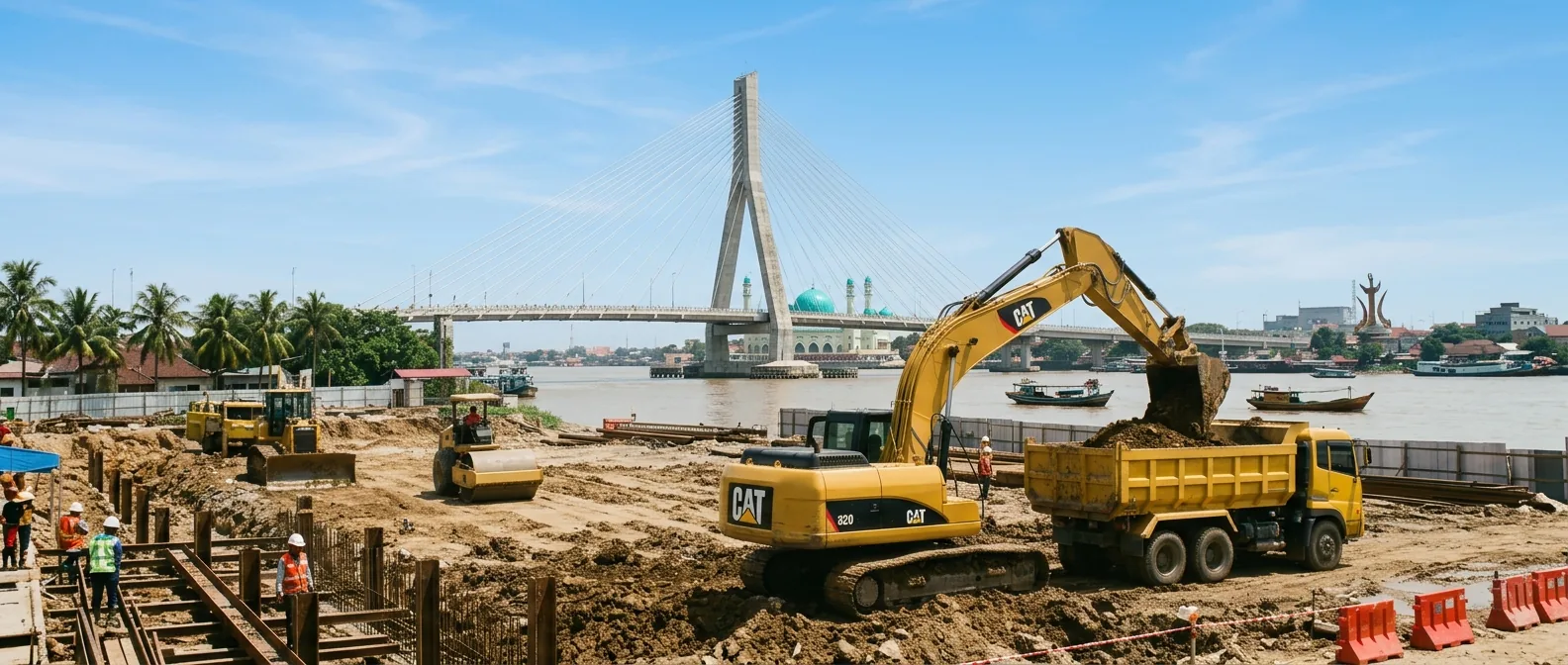 Proyek konstruksi di tepi Sungai Siak Pekanbaru dengan latar jembatan dan masjid