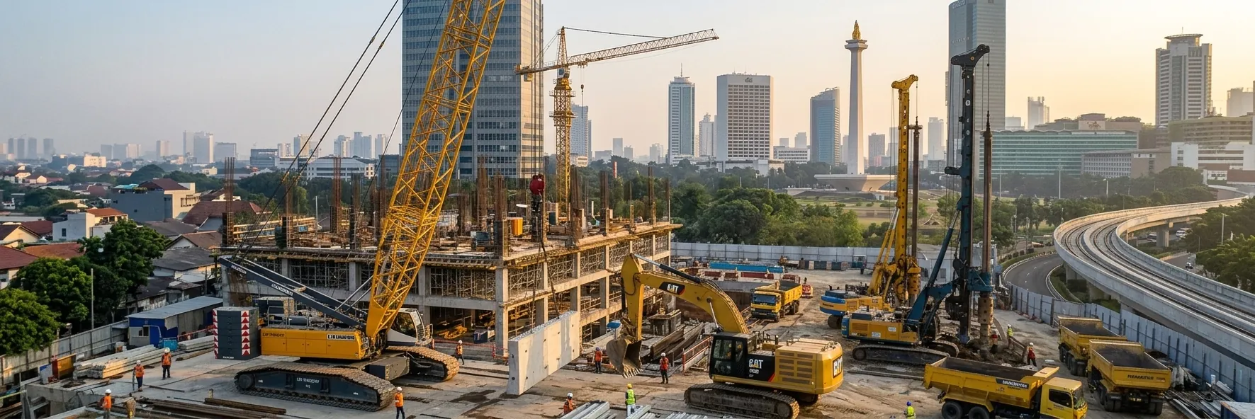 Proyek konstruksi di Jakarta dengan latar gedung bertingkat dan Monas