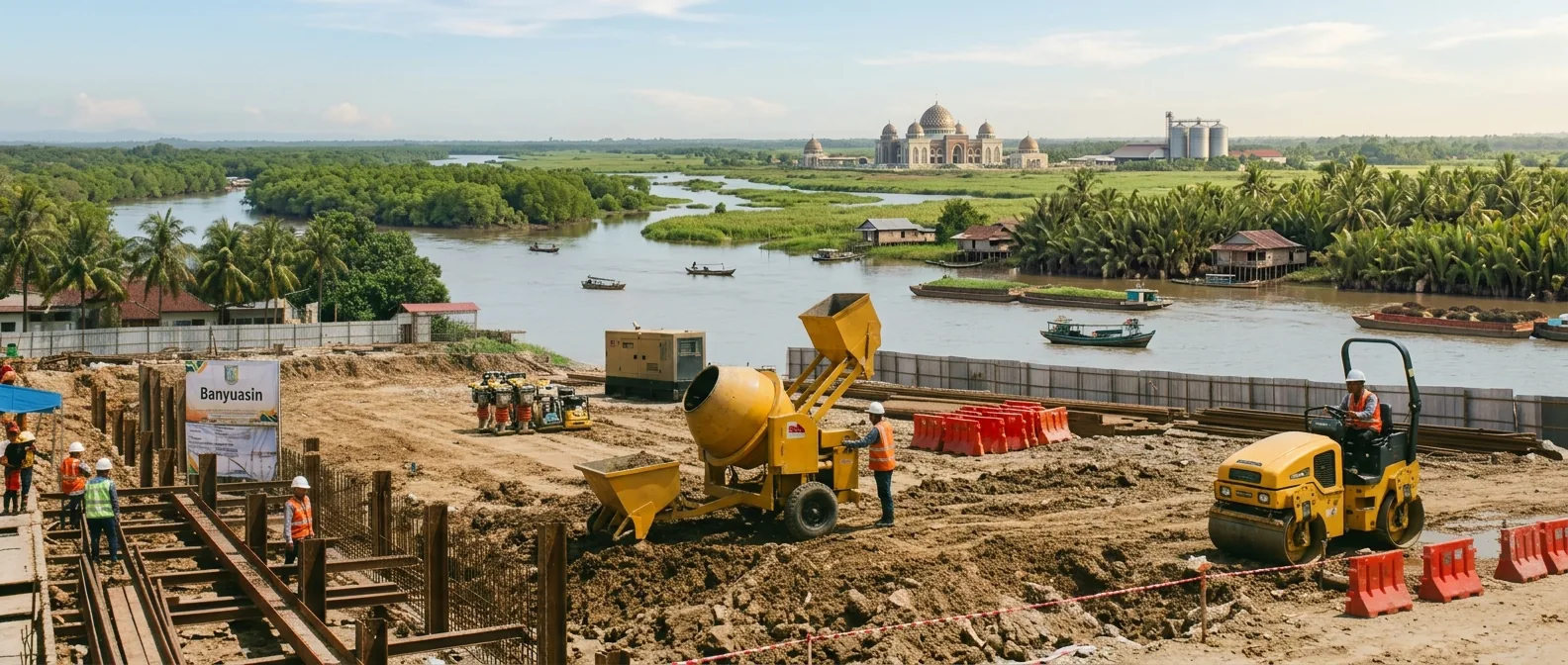 Proyek konstruksi di tepi sungai Banyuasin dengan latar lahan rawa, mangrove, dan silo penyimpanan
