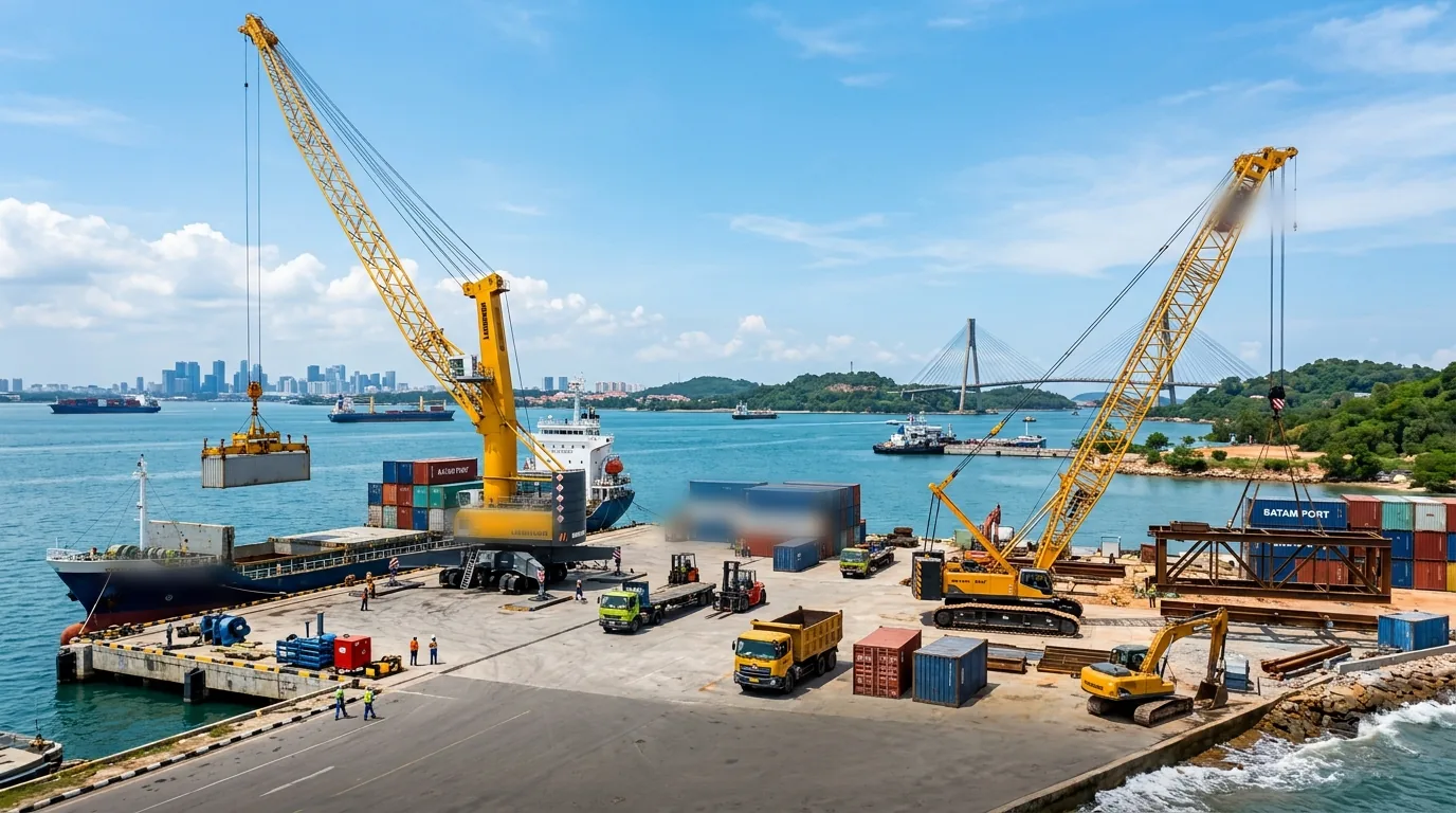 Kegiatan bongkar muat di pelabuhan Batam dengan crane, peti kemas, dan latar Jembatan Barelang