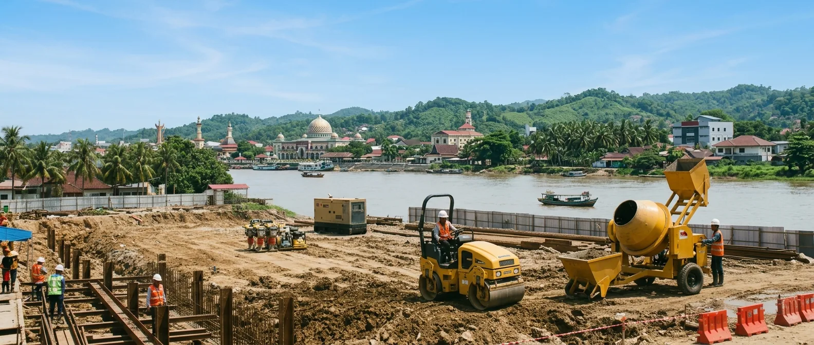Proyek konstruksi di tepi Sungai Lematang Muara Enim dengan latar perbukitan