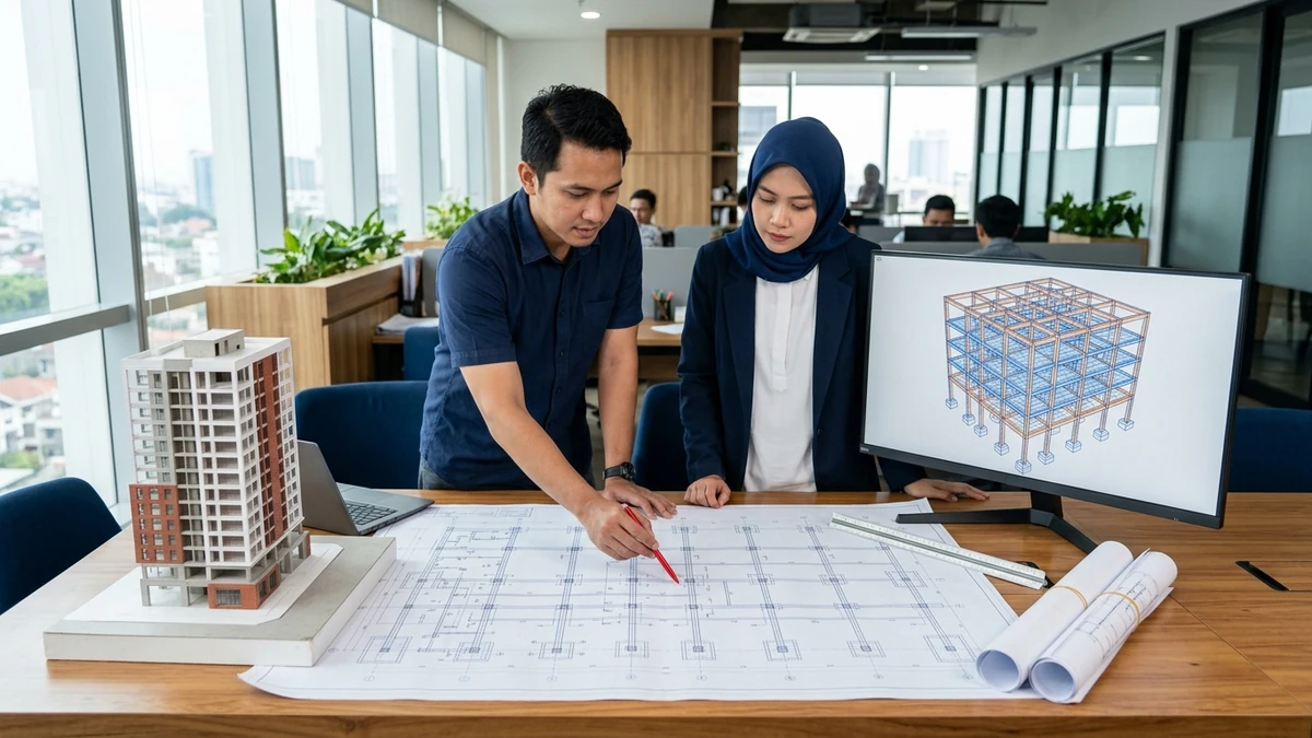 Insinyur struktur dan arsitek meninjau gambar rencana struktur dan model rangka gedung bertingkat untuk pengajuan PBG