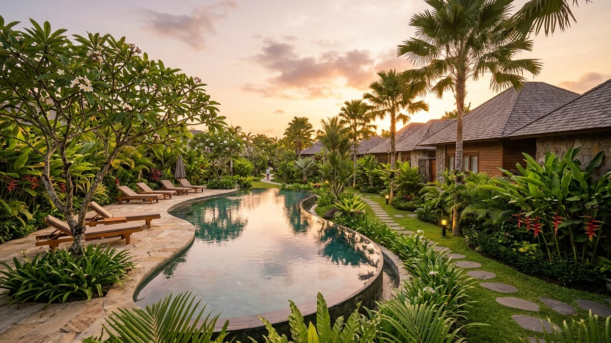 Lanskap resort tropis dengan taman, kolam renang, vegetasi lokal, dan jalur sirkulasi tamu yang tertata