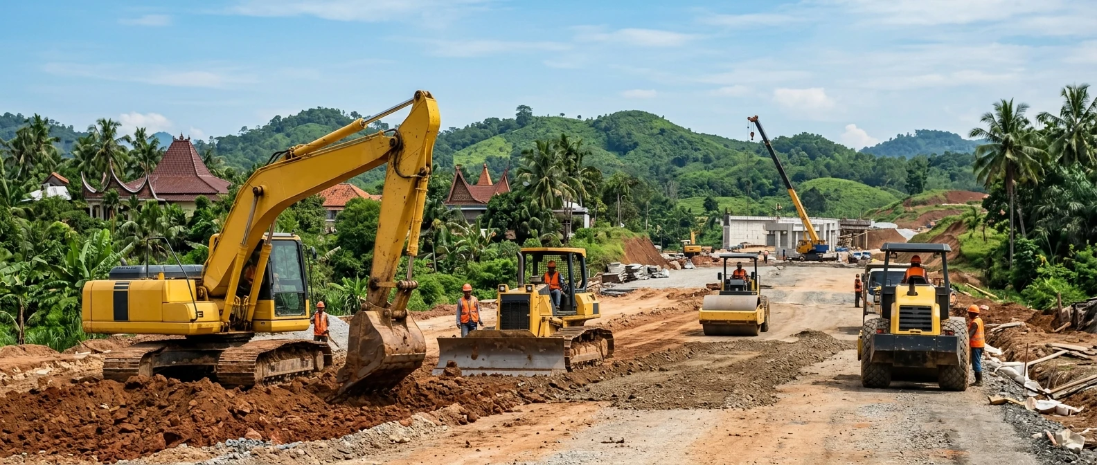 Proyek pembangunan jalan di Banten dengan alat berat dan latar perbukitan hijau