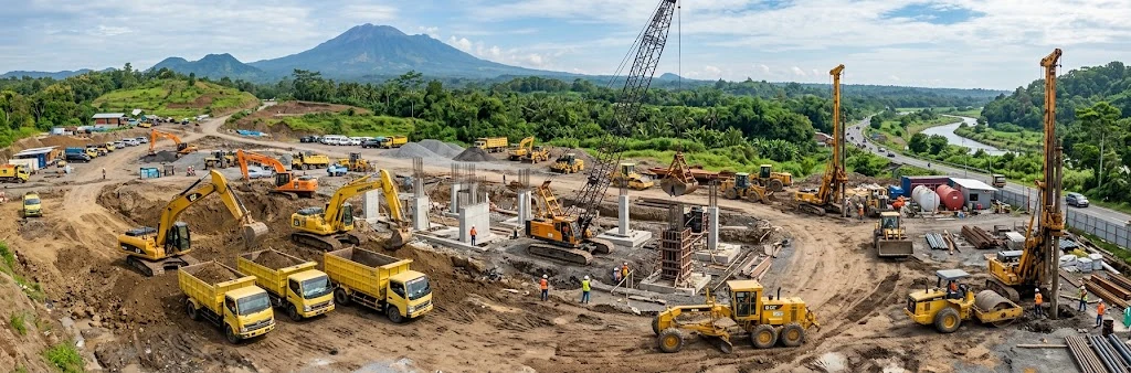 Proyek konstruksi infrastruktur di Jawa Timur dengan alat berat, jalan raya, dan latar pegunungan