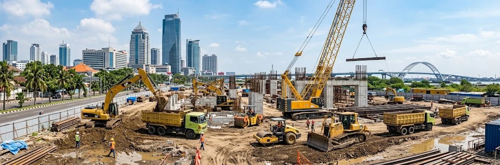 Proyek konstruksi di Surabaya dengan alat berat dan latar gedung bertingkat kota