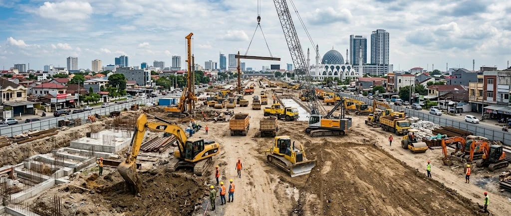 Proyek pembangunan infrastruktur di Kota Medan dengan alat berat dan latar gedung bertingkat kota