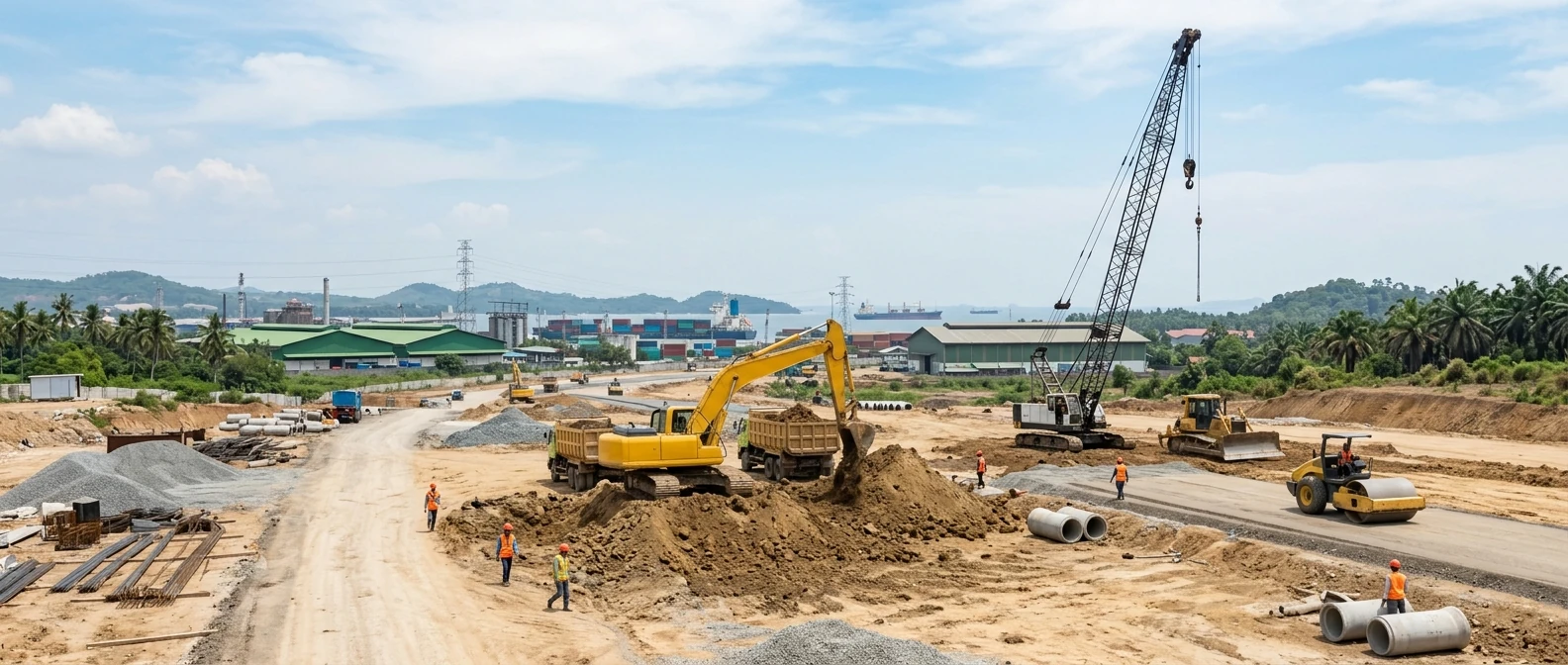 Proyek pembangunan infrastruktur dengan alat berat dan kawasan industri di latar belakang