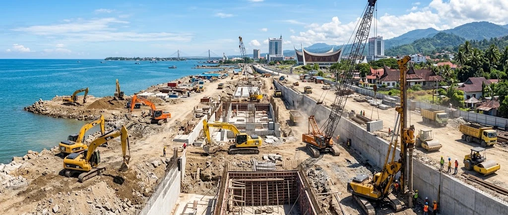 Proyek pembangunan infrastruktur pesisir di Kota Padang dengan alat berat, latar laut, dan bangunan beratap gonjong