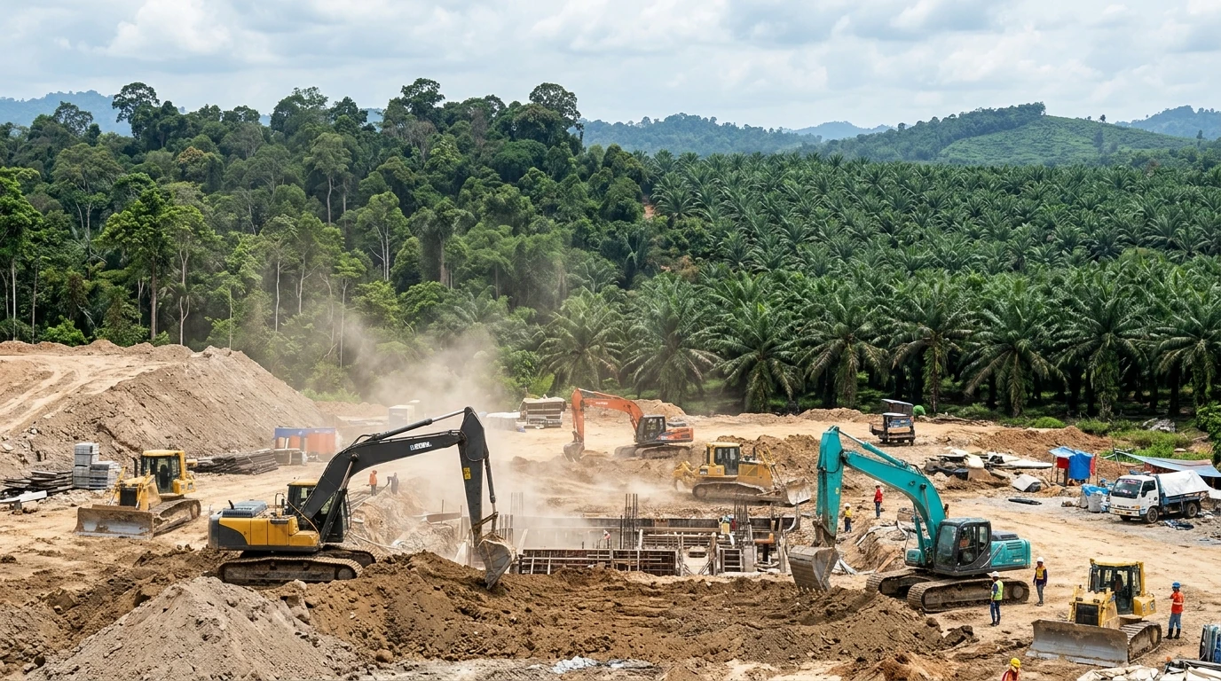 Proyek pembangunan infrastruktur di Sumatera Selatan dengan alat berat dan latar perkebunan