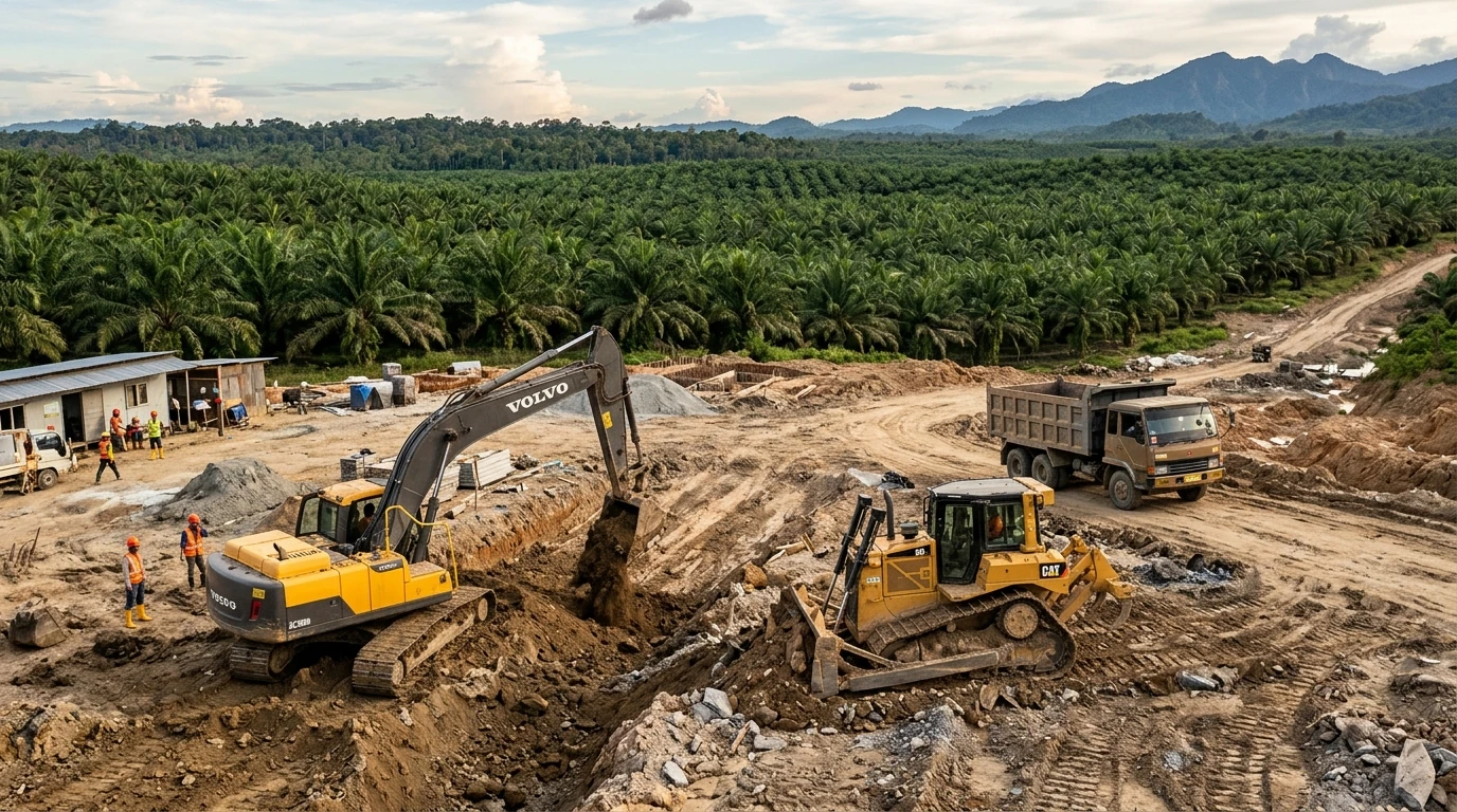 Proyek pembangunan infrastruktur di Sumatera Utara dengan alat berat dan latar perkebunan kelapa sawit