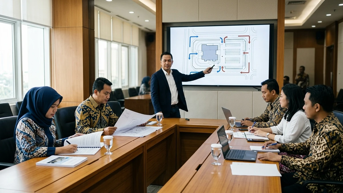 Konsultan memaparkan rencana akses dan rekayasa lalu lintas proyek kepada tim evaluasi dalam sidang pembahasan Andalalin