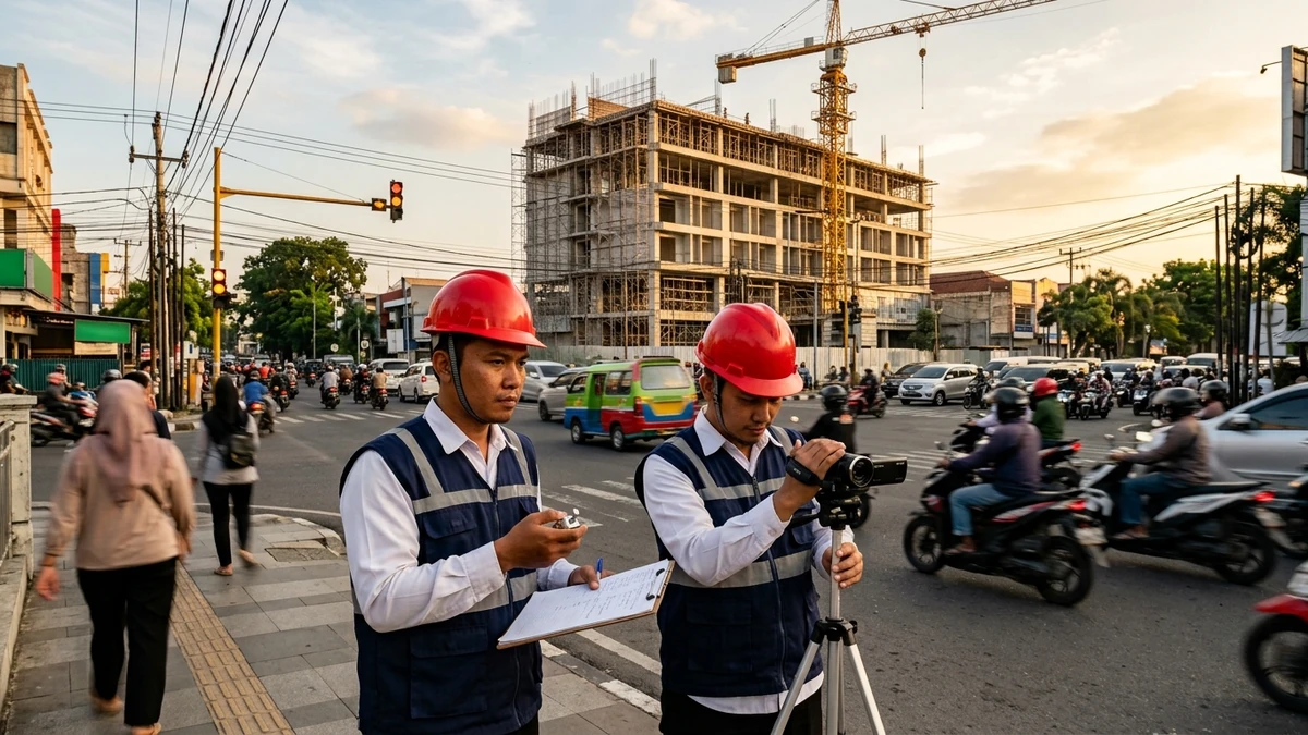 Surveyor lalu lintas menghitung volume kendaraan di persimpangan dekat lokasi proyek sebagai bagian dari kajian Andalalin